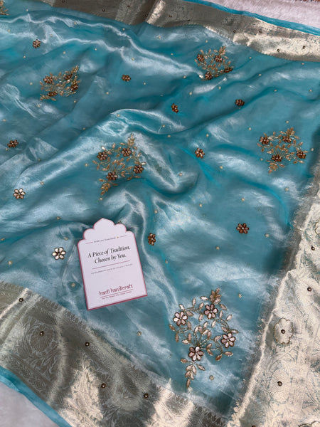 Aqua Blue Pure Tissue Silk Floral Gota Patti Zardozi Handwork Saree