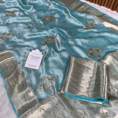 Aqua Blue Pure Tissue Silk Floral Gota Patti Zardozi Handwork Saree