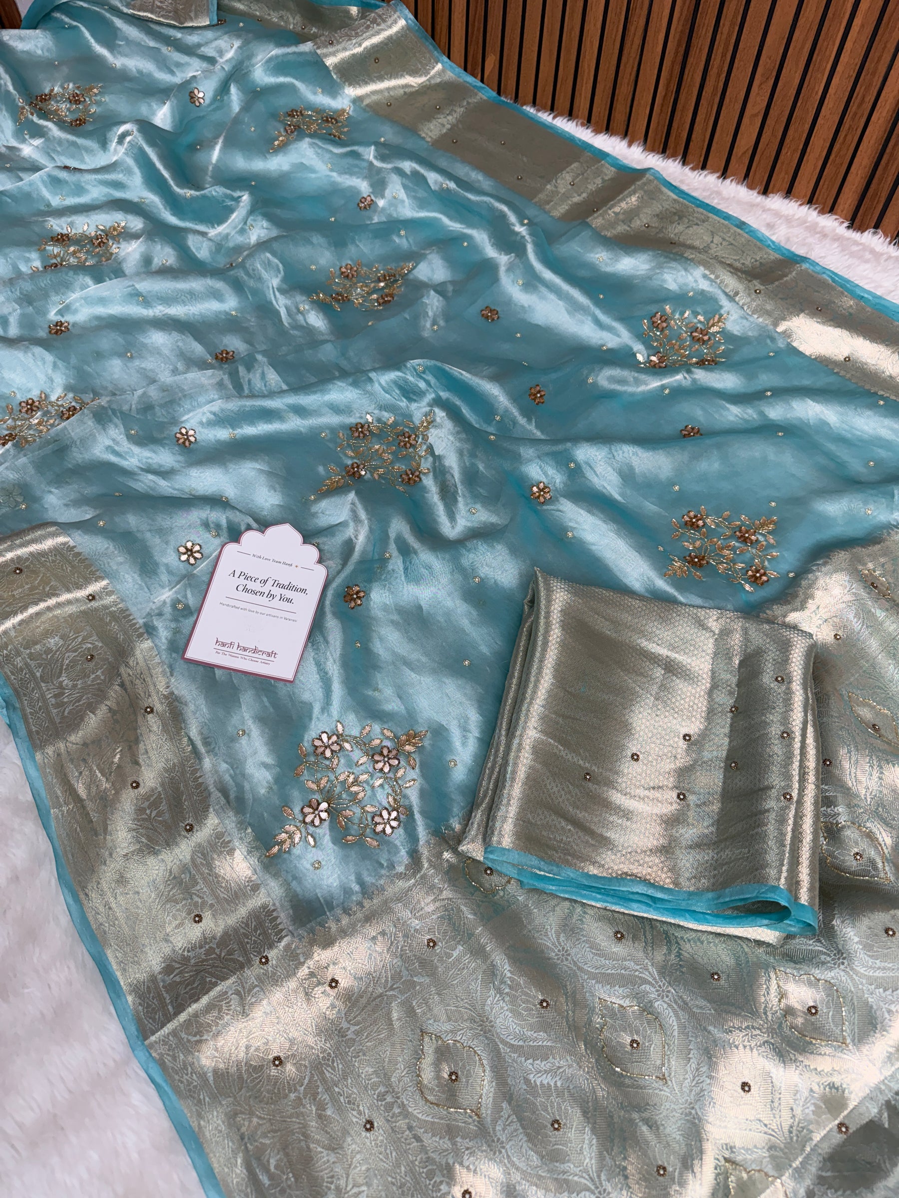 Aqua Blue Pure Tissue Silk Floral Gota Patti Zardozi Handwork Saree