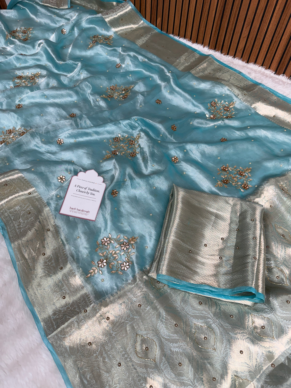 Aqua Blue Pure Tissue Silk Floral Gota Patti Zardozi Handwork Saree