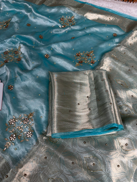 Aqua Blue Pure Tissue Silk Floral Gota Patti Zardozi Handwork Saree