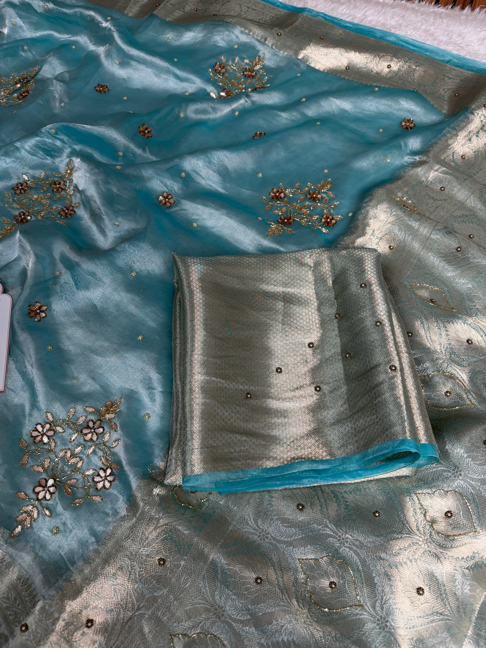 Aqua Blue Pure Tissue Silk Floral Gota Patti Zardozi Handwork Saree