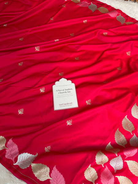 Crimson Red Patra Leaf Mashru Silk Banarasi Saree