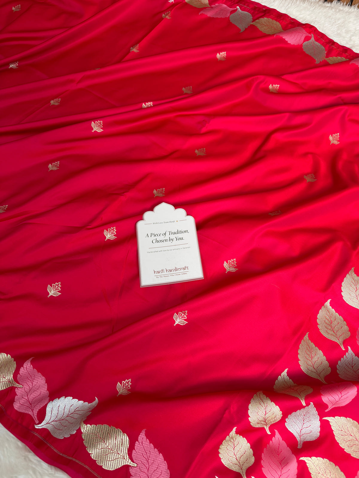 Crimson Red Patra Leaf Mashru Silk Banarasi Saree