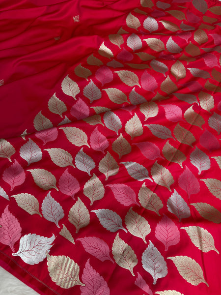 Crimson Red Patra Leaf Mashru Silk Banarasi Saree