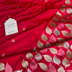 Crimson Red Patra Leaf Mashru Silk Banarasi Saree