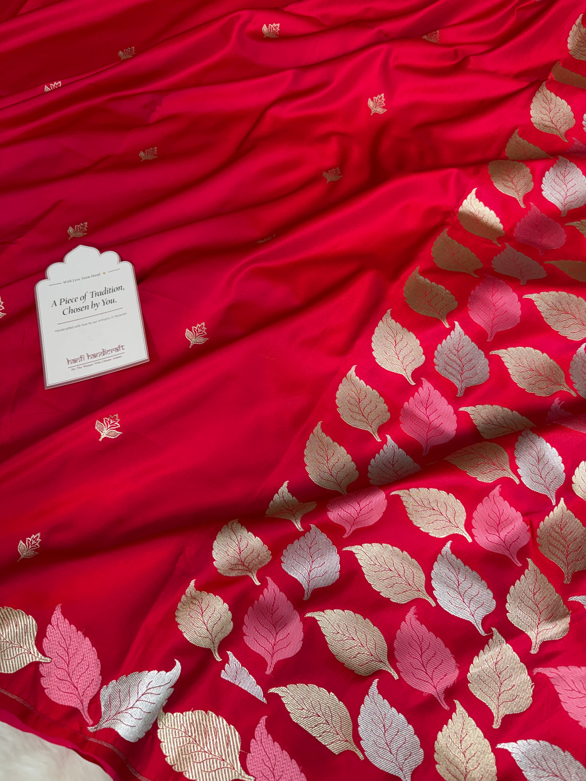 Crimson Red Patra Leaf Mashru Silk Banarasi Saree