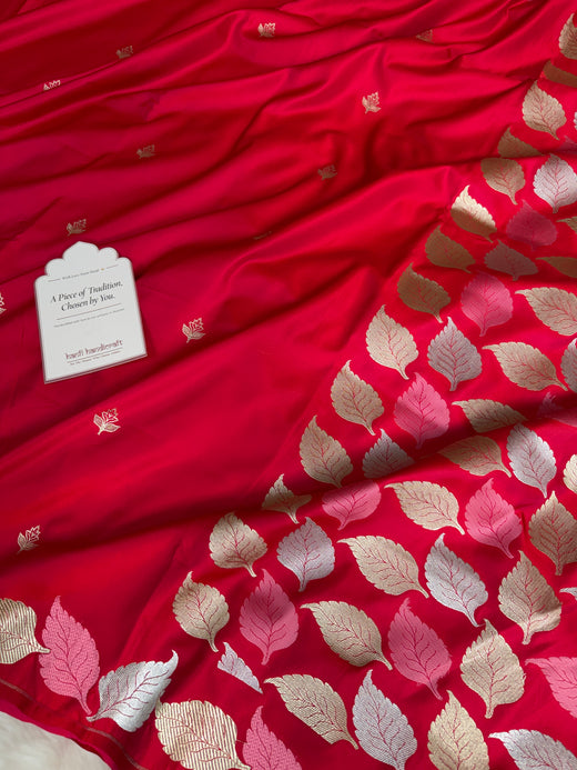 Crimson Red Patra Leaf Mashru Silk Banarasi Saree