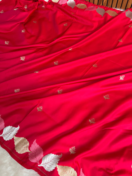 Crimson Red Patra Leaf Mashru Silk Banarasi Saree