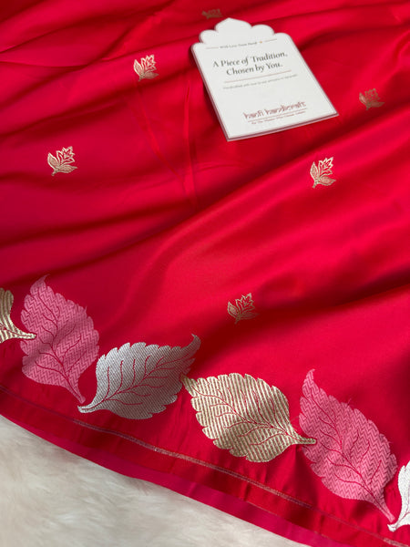 Crimson Red Patra Leaf Mashru Silk Banarasi Saree