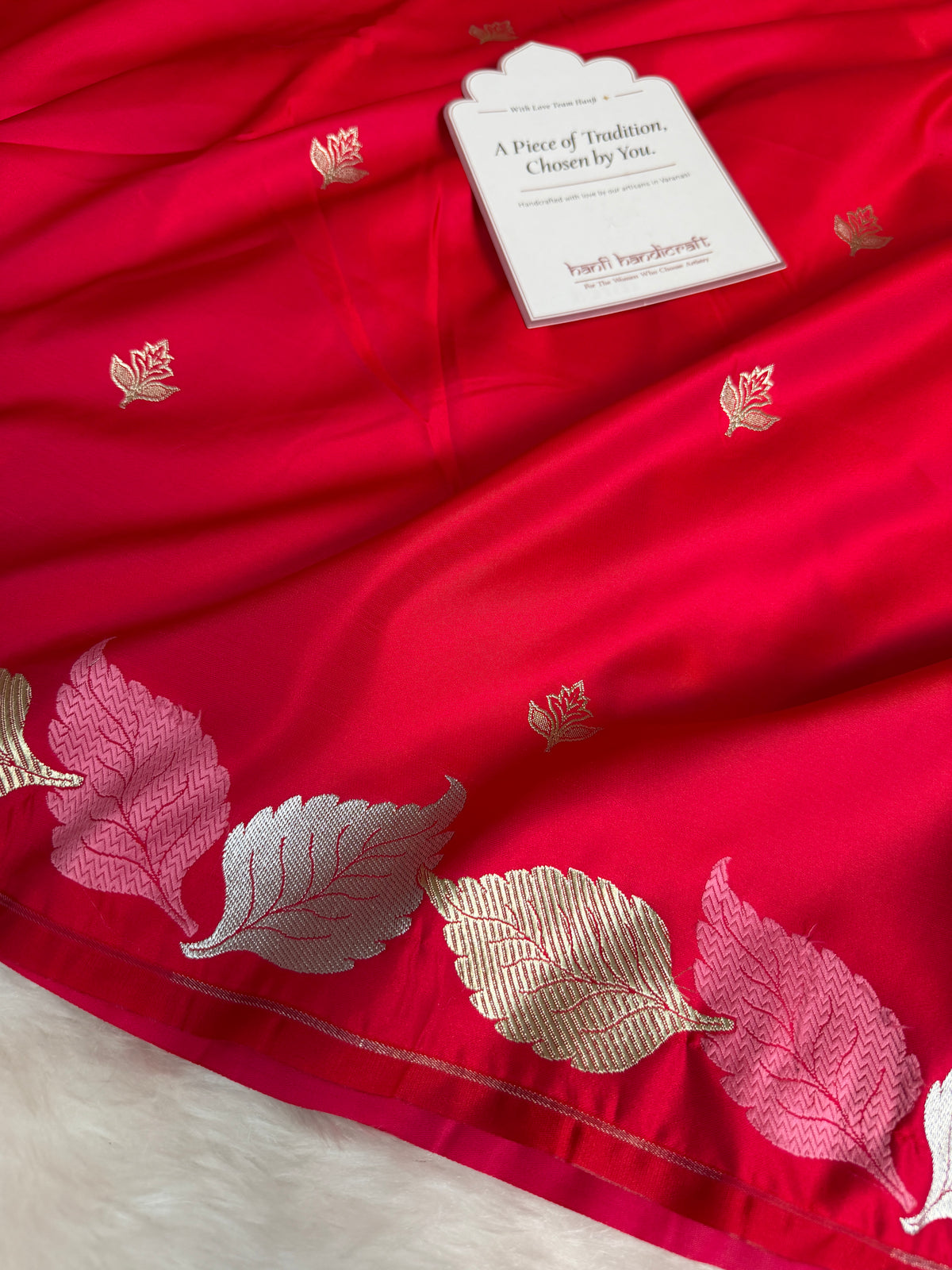 Crimson Red Patra Leaf Mashru Silk Banarasi Saree