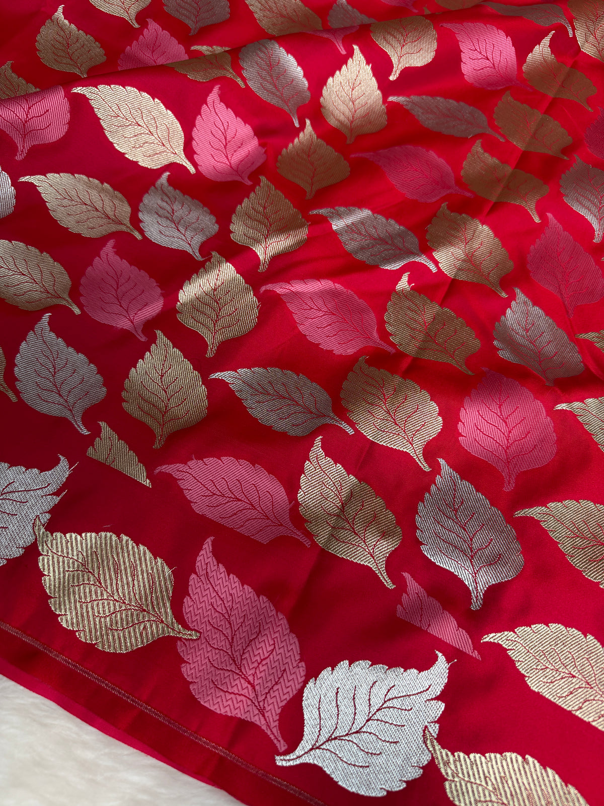 Crimson Red Patra Leaf Mashru Silk Banarasi Saree