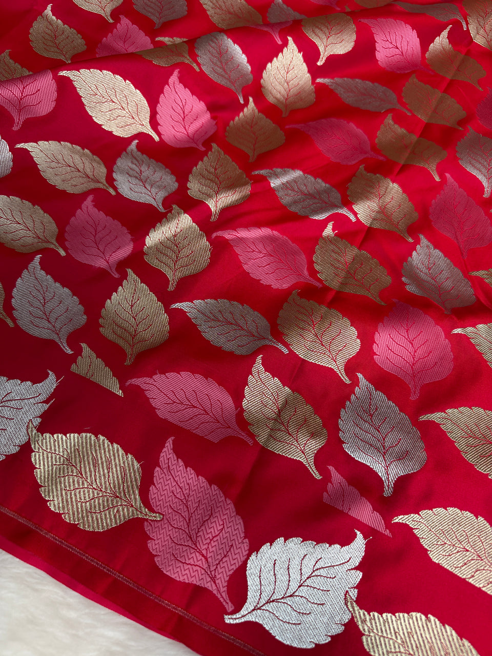 Crimson Red Patra Leaf Mashru Silk Banarasi Saree