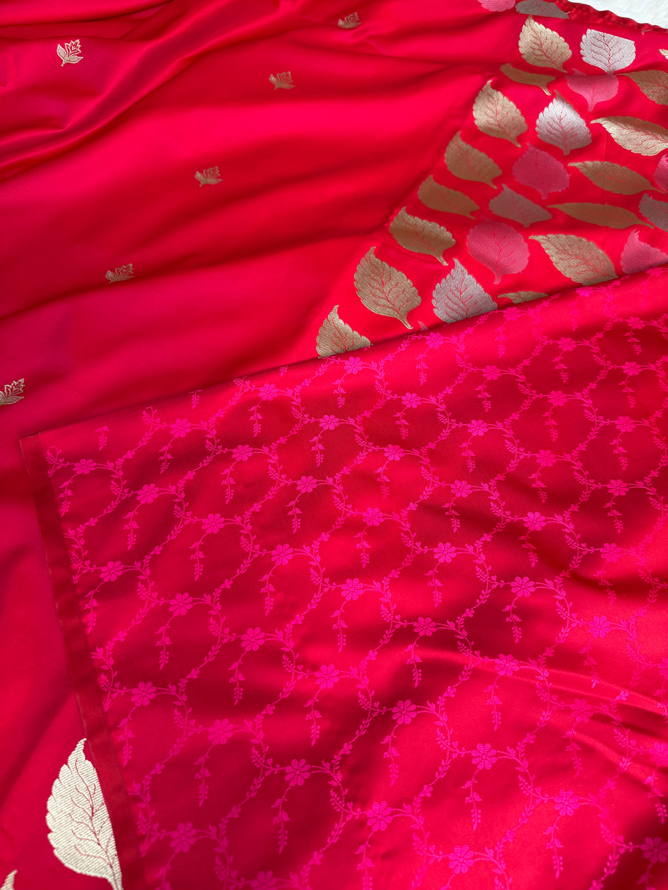 Crimson Red Patra Leaf Mashru Silk Banarasi Saree