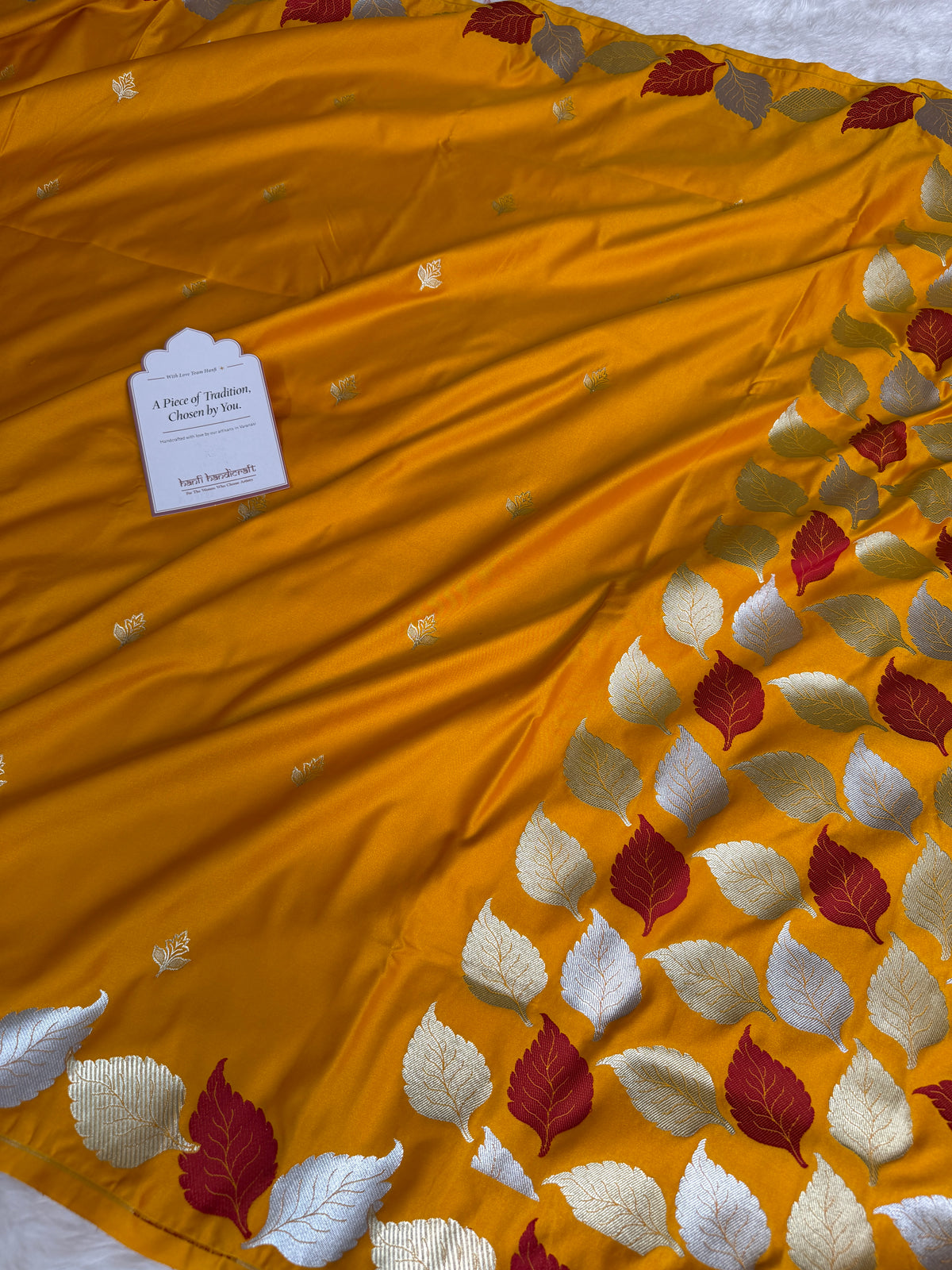 Mustard Gold Patra Leaf Mashru Silk Banarasi Saree