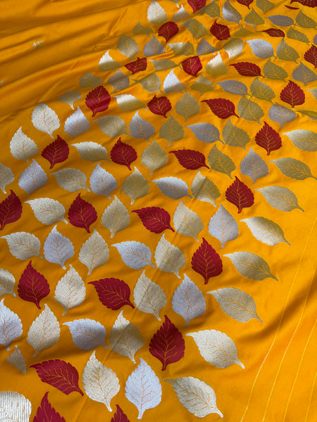 Mustard Gold Patra Leaf Mashru Silk Banarasi Saree