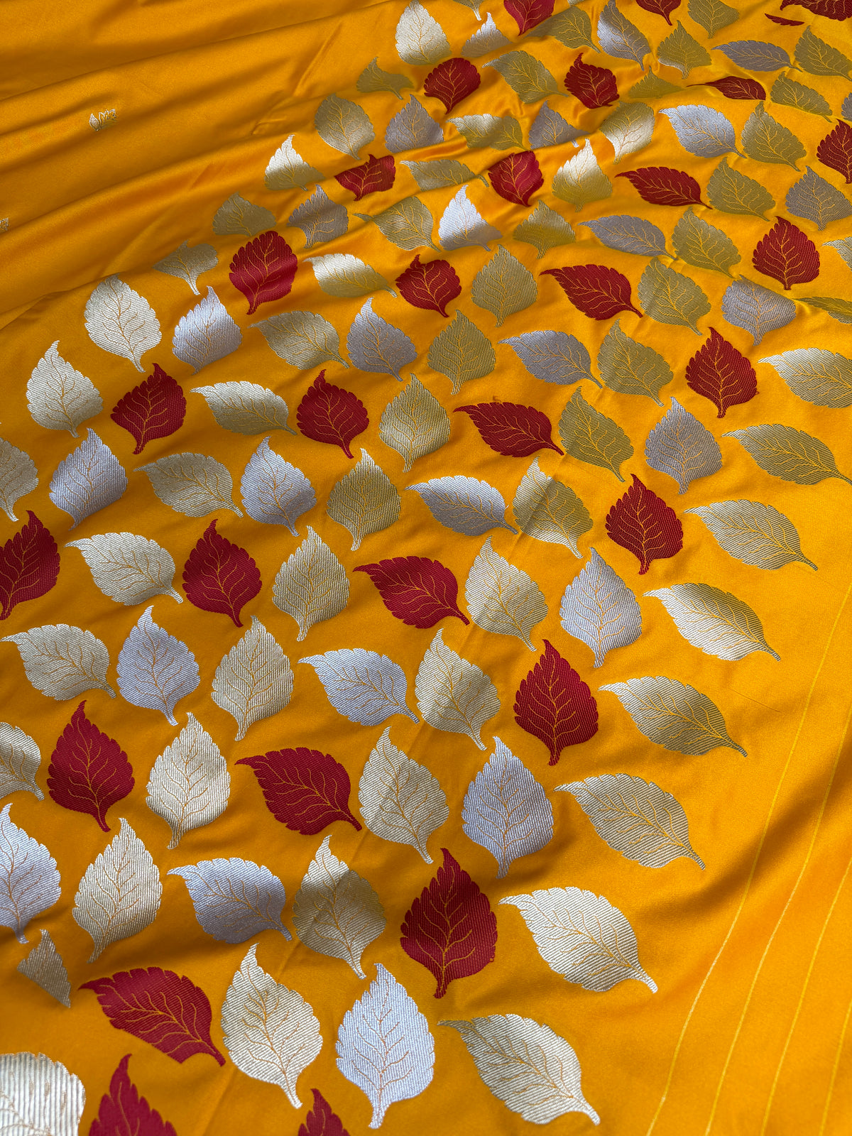 Mustard Gold Patra Leaf Mashru Silk Banarasi Saree