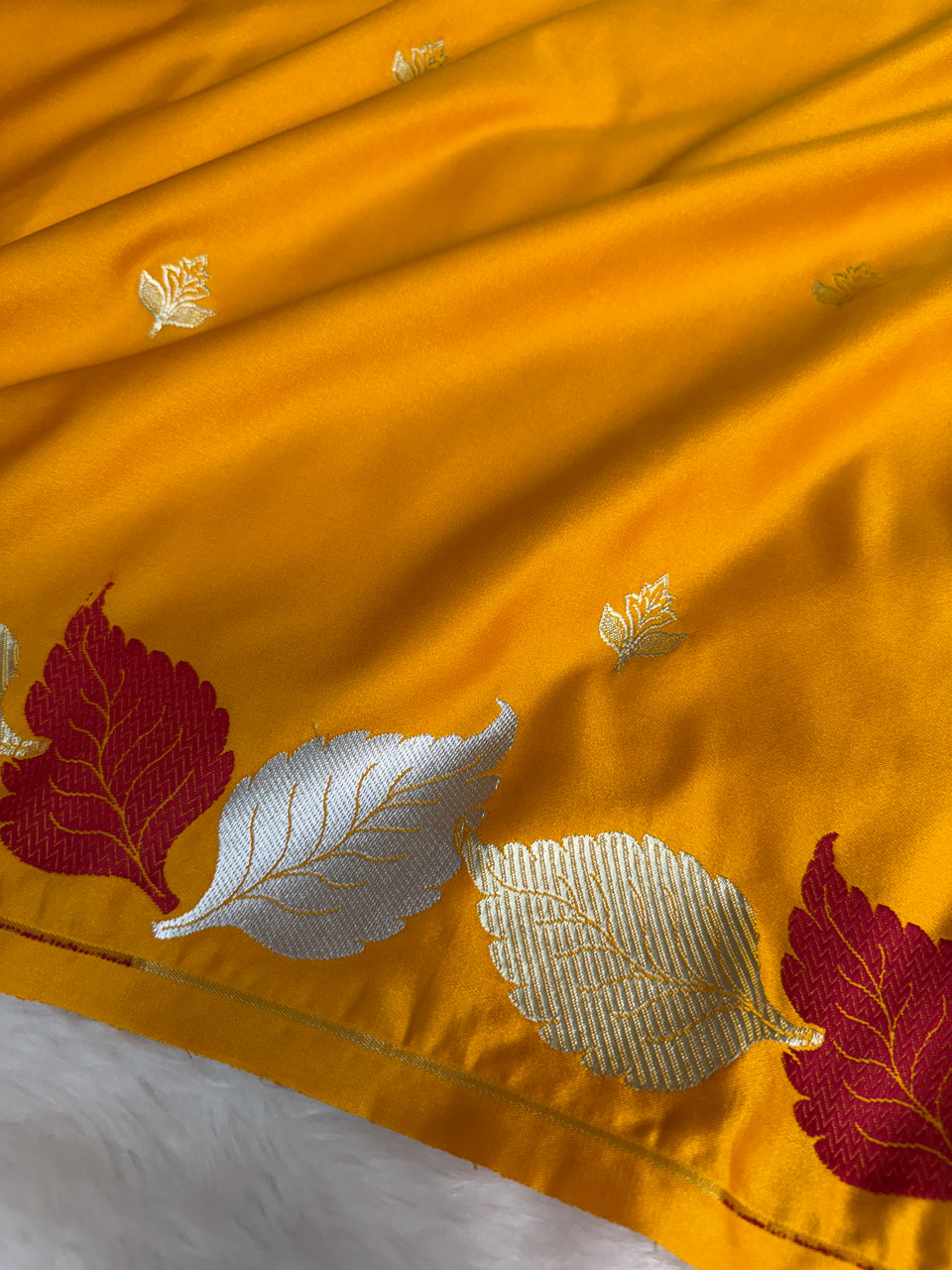 Mustard Gold Patra Leaf Mashru Silk Banarasi Saree