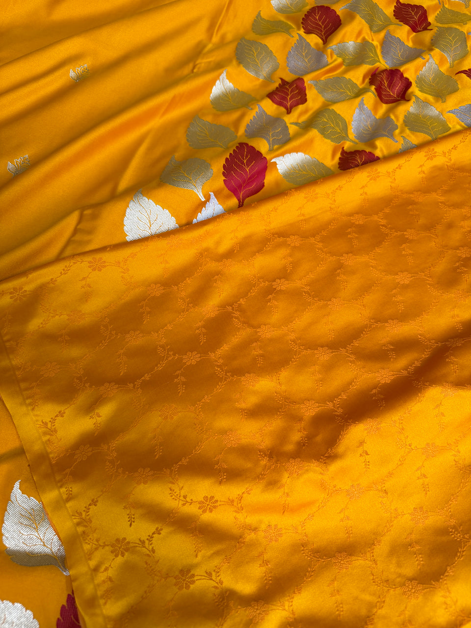 Mustard Gold Patra Leaf Mashru Silk Banarasi Saree