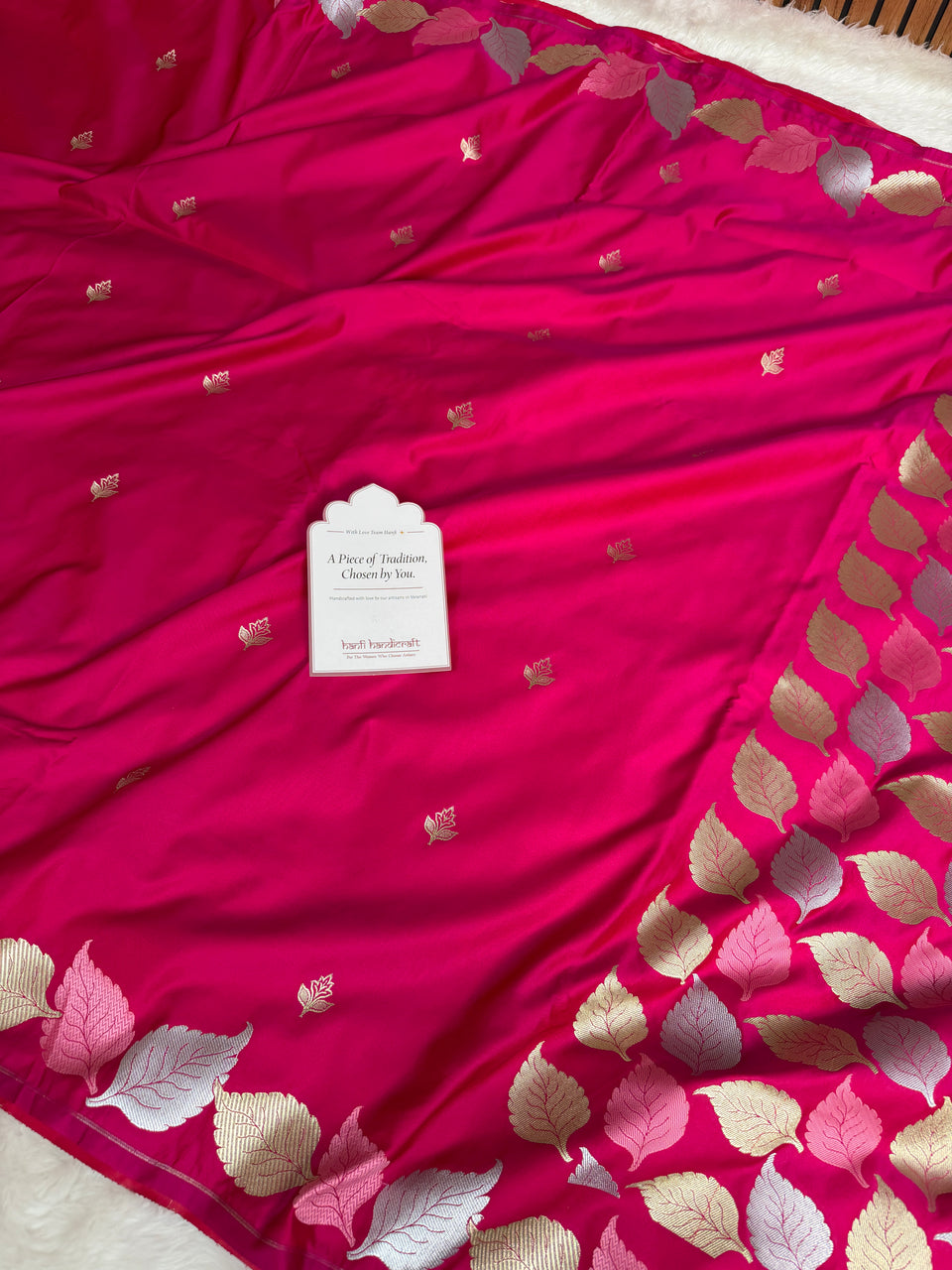 Rani Pink Patra Leaf Mashru Silk Banarasi Saree