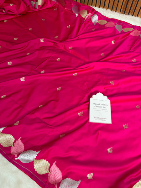 Rani Pink Patra Leaf Mashru Silk Banarasi Saree