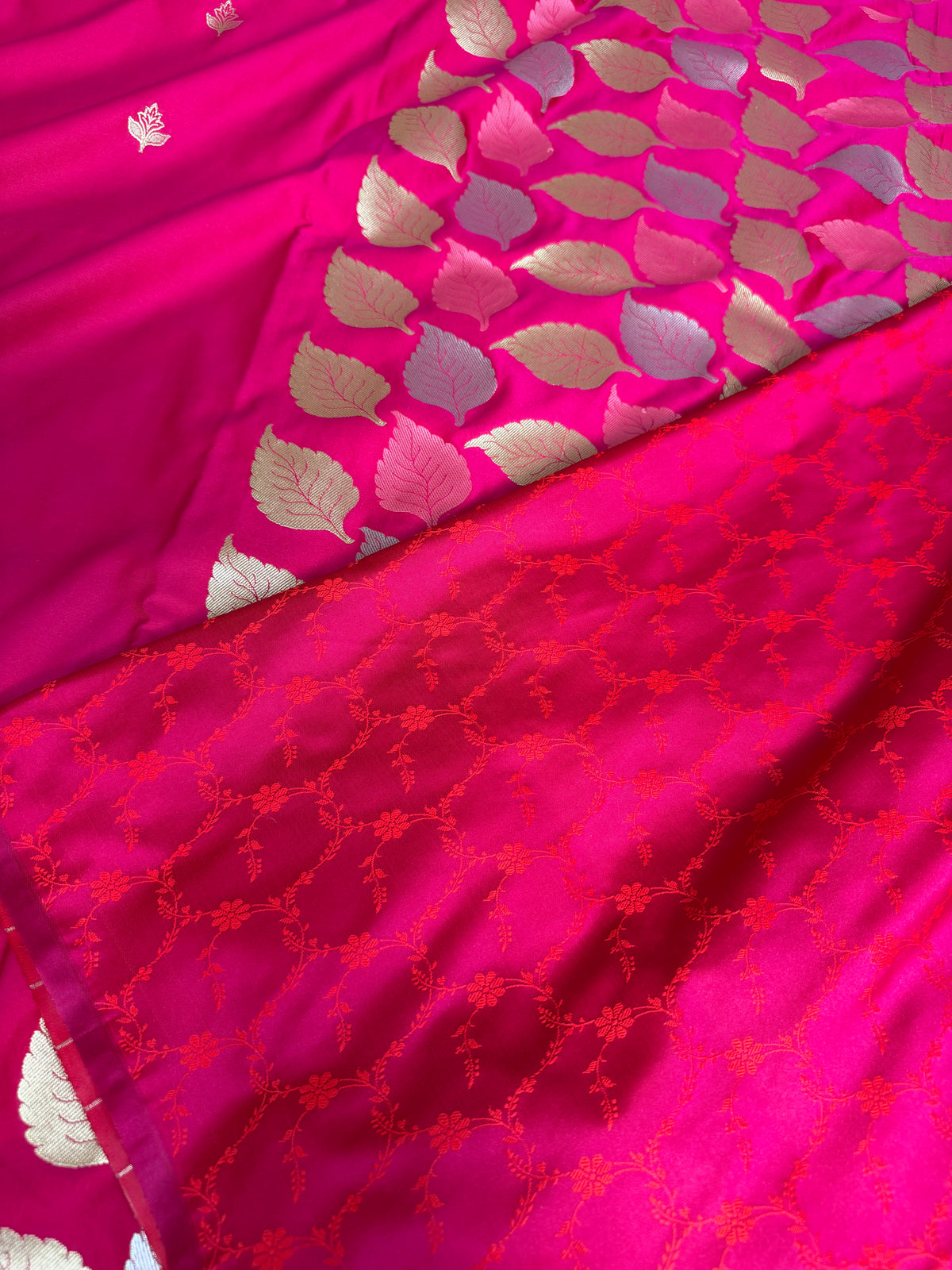 Rani Pink Patra Leaf Mashru Silk Banarasi Saree