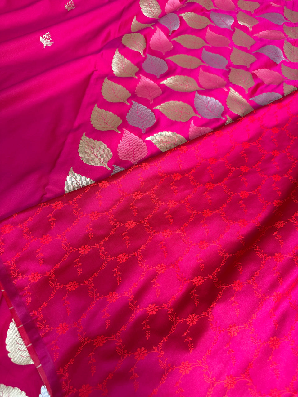 Rani Pink Patra Leaf Mashru Silk Banarasi Saree