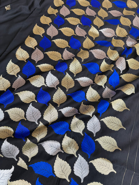 Midnight Black Patra Leaf Mashru Silk Banarasi Saree