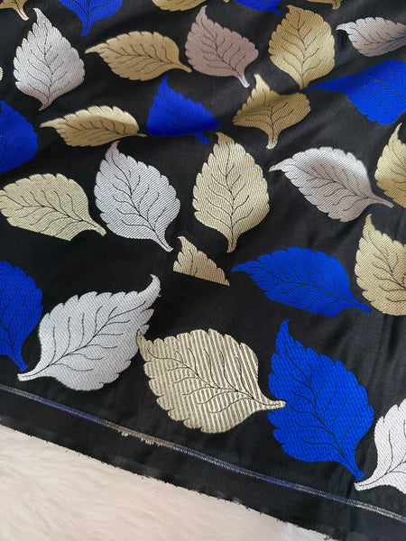 Midnight Black Patra Leaf Mashru Silk Banarasi Saree