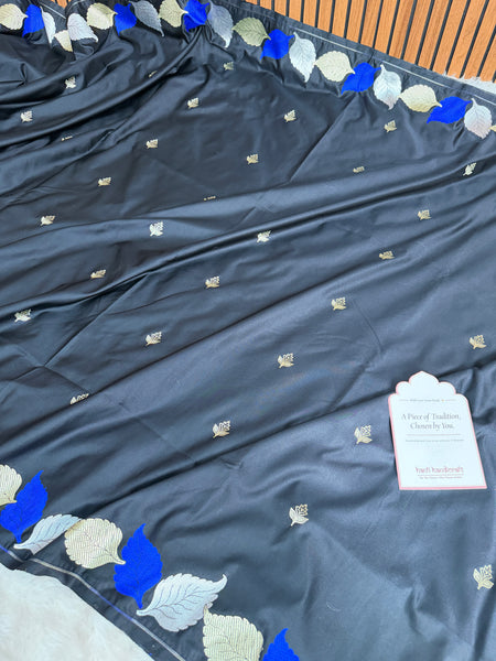 Midnight Black Patra Leaf Mashru Silk Banarasi Saree