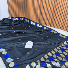 Midnight Black Patra Leaf Mashru Silk Banarasi Saree