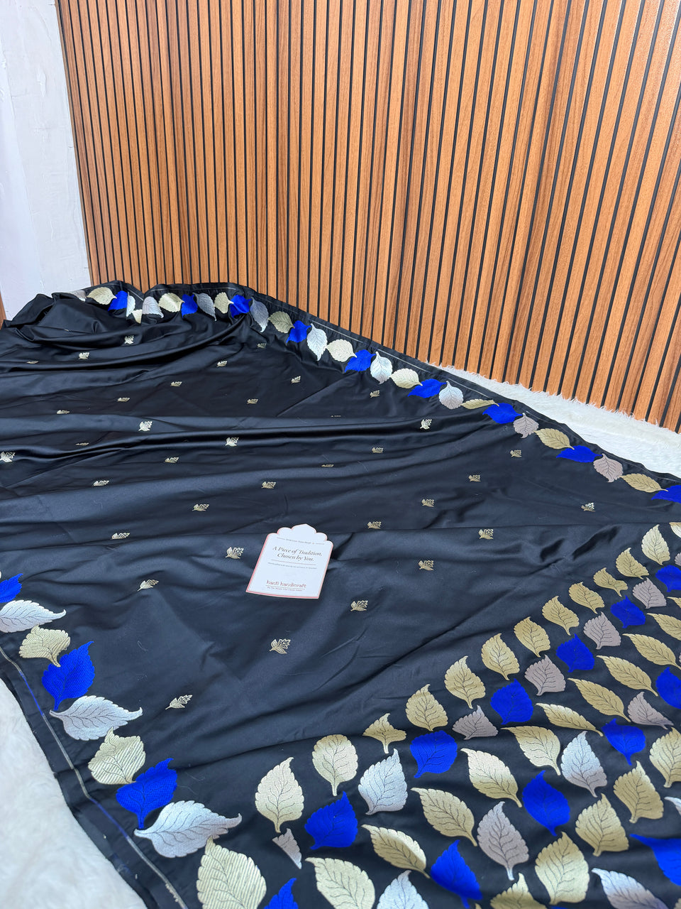 Midnight Black Patra Leaf Mashru Silk Banarasi Saree