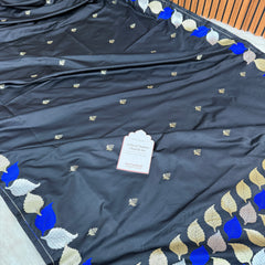 Midnight Black Patra Leaf Mashru Silk Banarasi Saree