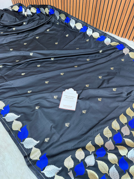 Midnight Black Patra Leaf Mashru Silk Banarasi Saree