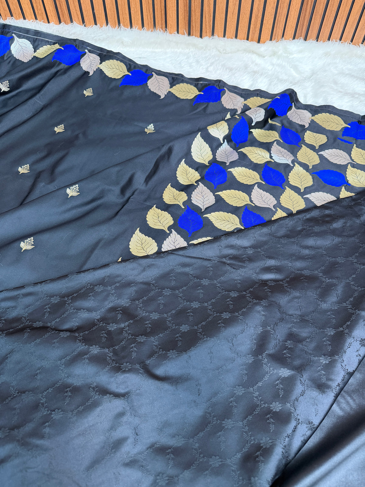 Midnight Black Patra Leaf Mashru Silk Banarasi Saree