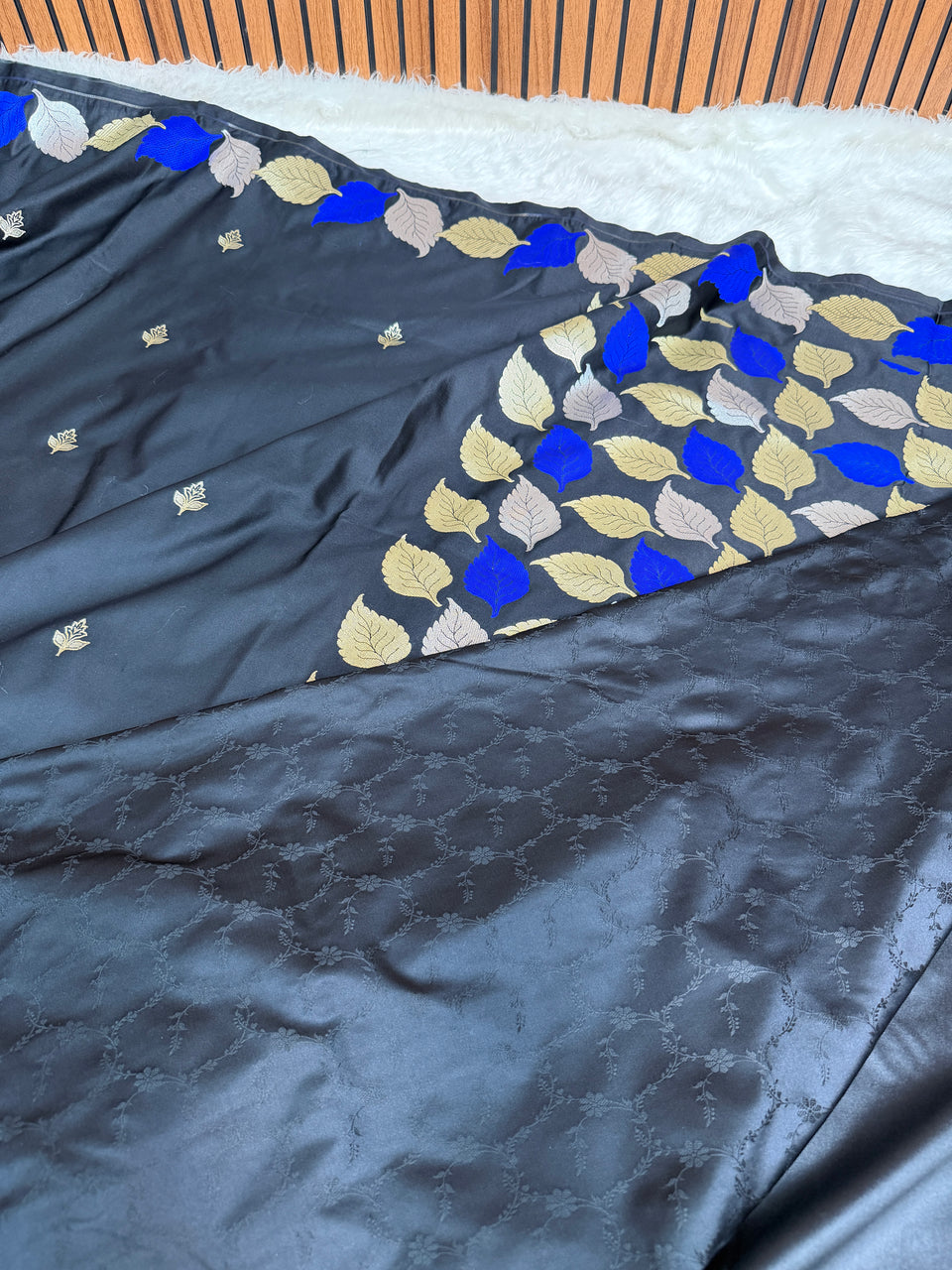 Midnight Black Patra Leaf Mashru Silk Banarasi Saree