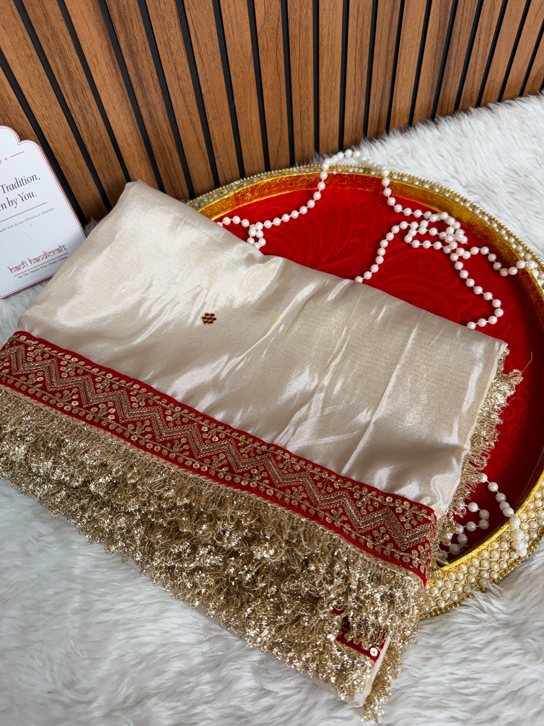 Ivory Royale Ruby Stone Inspired Shimmery Tissue Handwork Saree