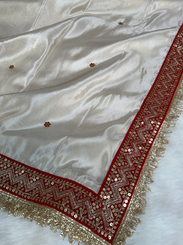 Ivory Royale Ruby Stone Inspired Shimmery Tissue Handwork Saree