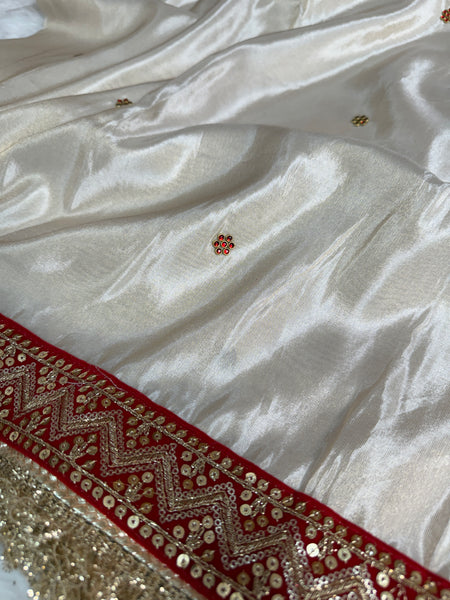 Ivory Royale Ruby Stone Inspired Shimmery Tissue Handwork Saree