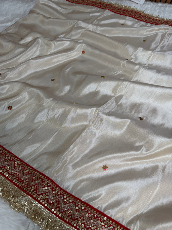 Ivory Royale Ruby Stone Inspired Shimmery Tissue Handwork Saree