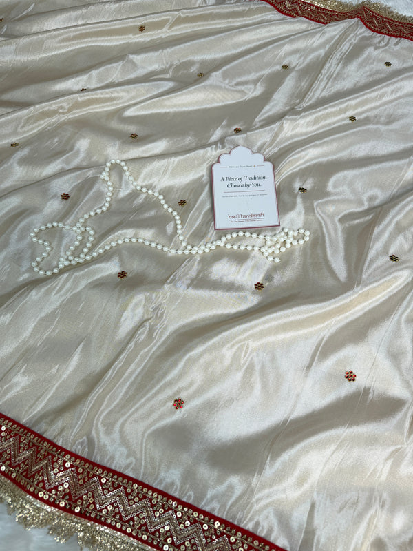 Ivory Royale Ruby Stone Inspired Shimmery Tissue Handwork Saree