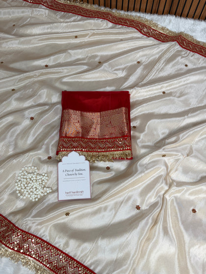 Ivory Royale Ruby Stone Inspired Shimmery Tissue Handwork Saree