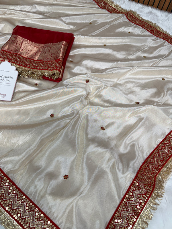 Ivory Royale Ruby Stone Inspired Shimmery Tissue Handwork Saree
