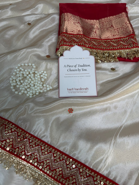 Ivory Royale Ruby Stone Inspired Shimmery Tissue Handwork Saree
