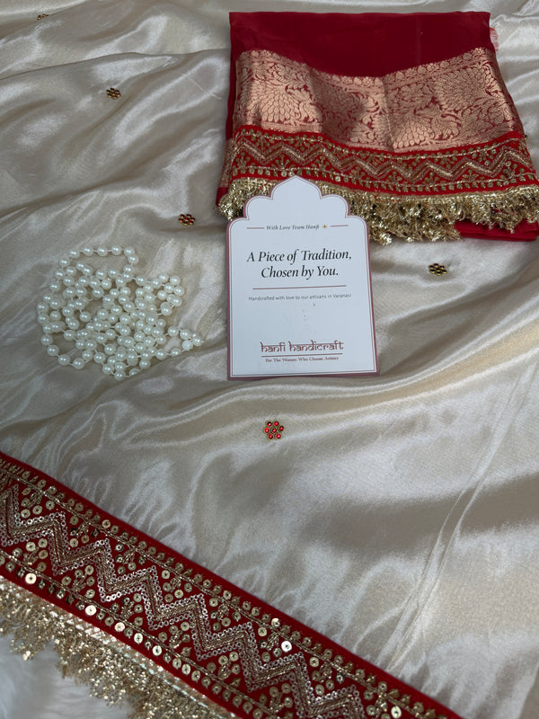 Ivory Royale Ruby Stone Inspired Shimmery Tissue Handwork Saree