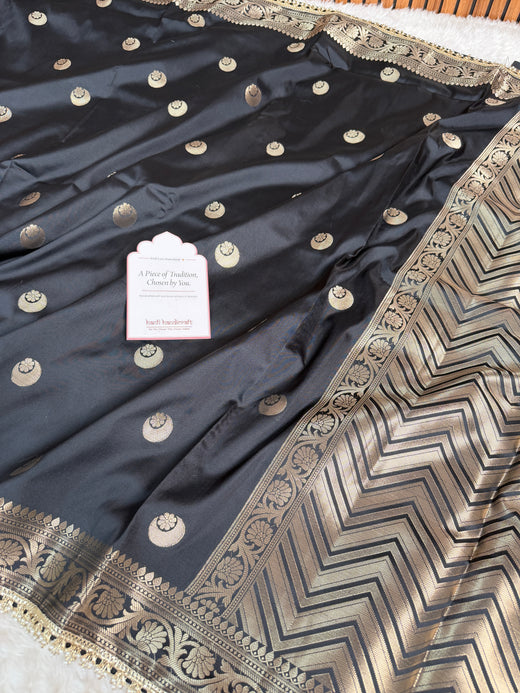 Charcoal Black Chand Tara Soft Semi Katan Silk Banarasi Saree