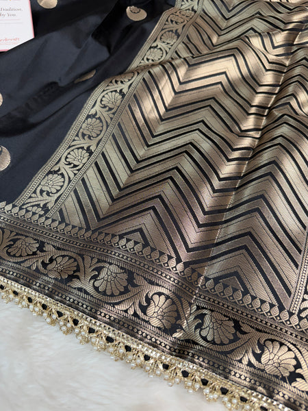 Charcoal Black Chand Tara Soft Semi Katan Silk Banarasi Saree