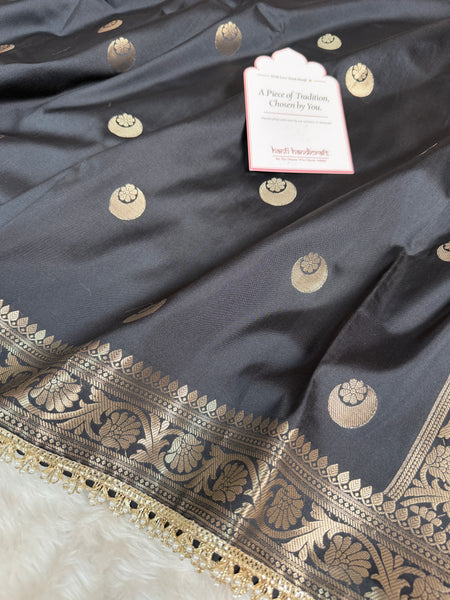 Charcoal Black Chand Tara Soft Semi Katan Silk Banarasi Saree