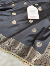 Charcoal Black Chand Tara Soft Semi Katan Silk Banarasi Saree