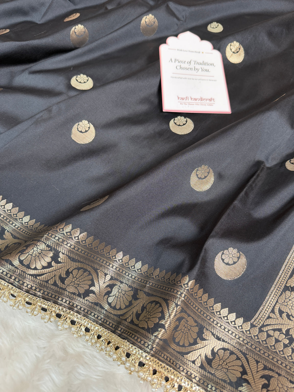 Charcoal Black Chand Tara Soft Semi Katan Silk Banarasi Saree